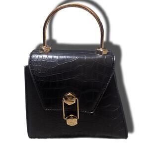 Badgley mischka black faux crocodile a frame bad=g with gold turn lock closure
